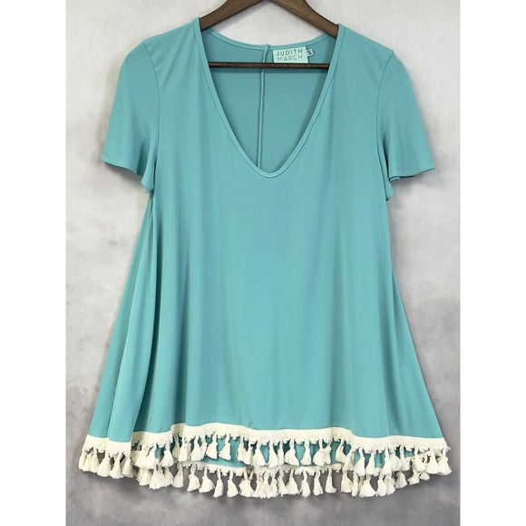 Judith March Tops - Judith March Tassel Fringe Hem Tunic Top Women Small Teal Stretch Boho Indie